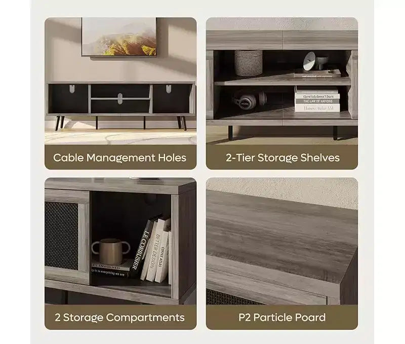 Meuble TV Mid-Century de 160 cm pour téléviseurs jusqu'à 75", Meuble console de divertissement avec placards de rangement et étagères ouvertes pour salon