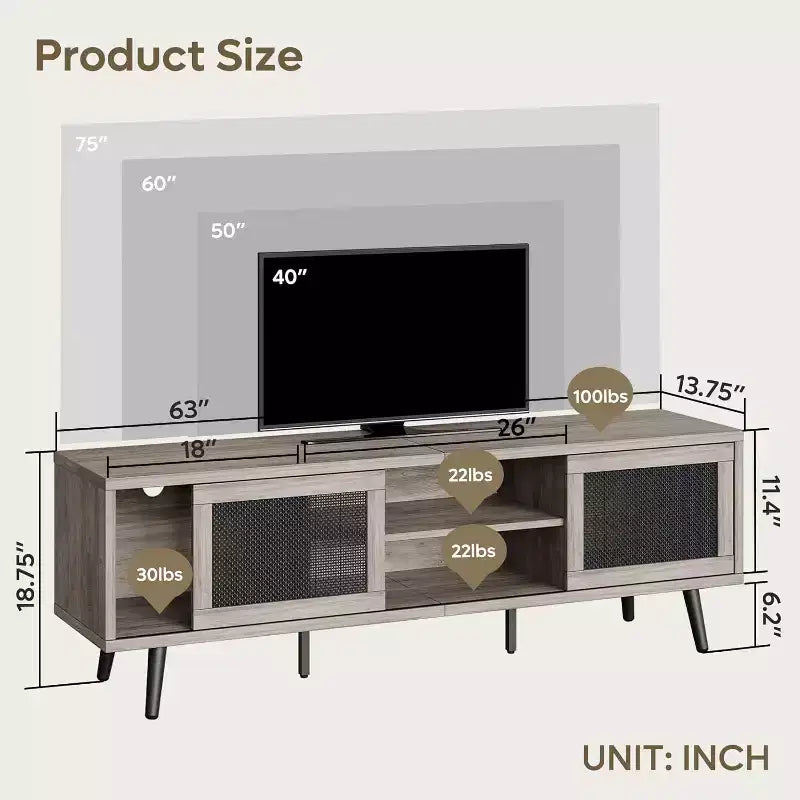 Meuble TV Mid-Century de 160 cm pour téléviseurs jusqu'à 75", Meuble console de divertissement avec placards de rangement et étagères ouvertes pour salon