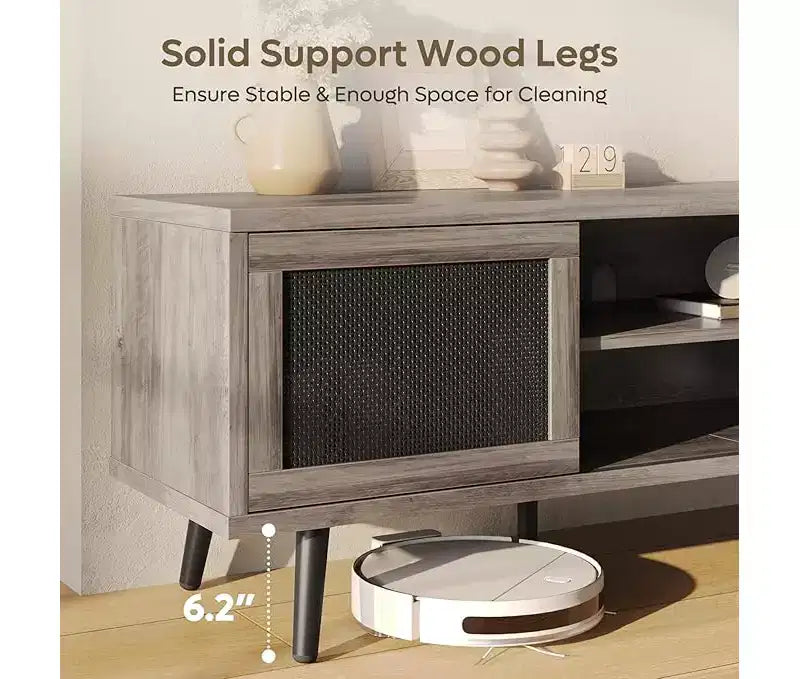 Meuble TV Mid-Century de 160 cm pour téléviseurs jusqu'à 75", Meuble console de divertissement avec placards de rangement et étagères ouvertes pour salon
