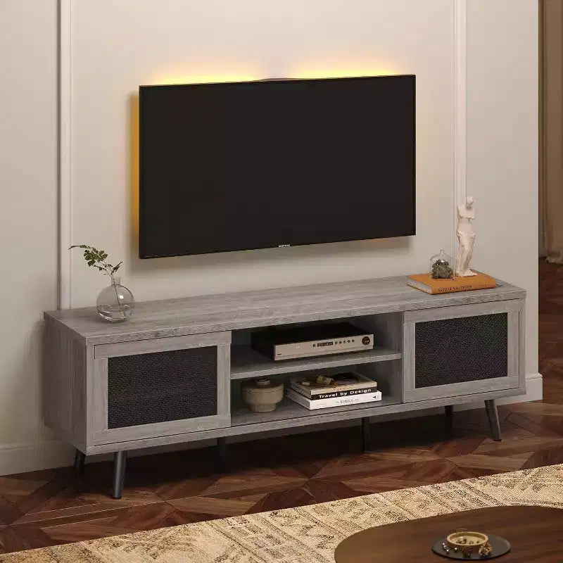 Meuble TV Mid-Century de 160 cm pour téléviseurs jusqu'à 75", Meuble console de divertissement avec placards de rangement et étagères ouvertes pour salon