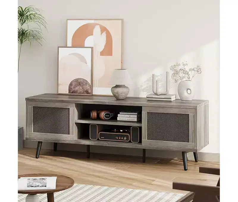 Meuble TV Mid-Century de 160 cm pour téléviseurs jusqu'à 75", Meuble console de divertissement avec placards de rangement et étagères ouvertes pour salon