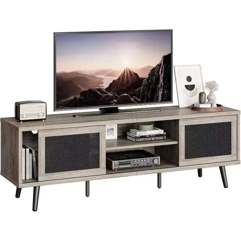 Meuble TV Mid-Century de 160 cm pour téléviseurs jusqu'à 75", Meuble console de divertissement avec placards de rangement et étagères ouvertes pour salon