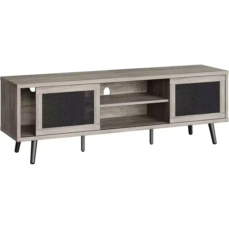 Meuble TV Mid-Century de 160 cm pour téléviseurs jusqu'à 75", Meuble console de divertissement avec placards de rangement et étagères ouvertes pour salon