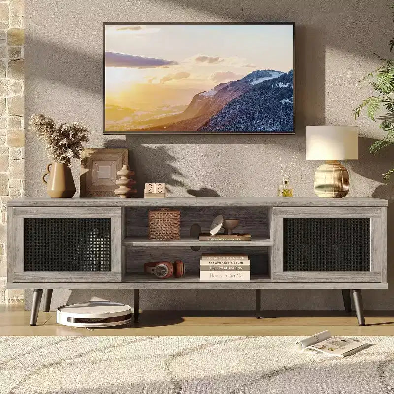 Bestier 63 Mid Century TV Stand for TVs up to 75, Media Console Entertainment Center with Storage Cabinets & Open Shelves for Living Room