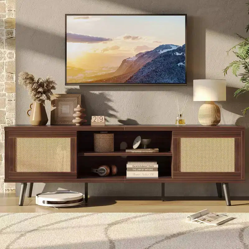 Meuble TV Mid-Century de 160 cm pour téléviseurs jusqu'à 75", Meuble console de divertissement avec placards de rangement et étagères ouvertes pour salon