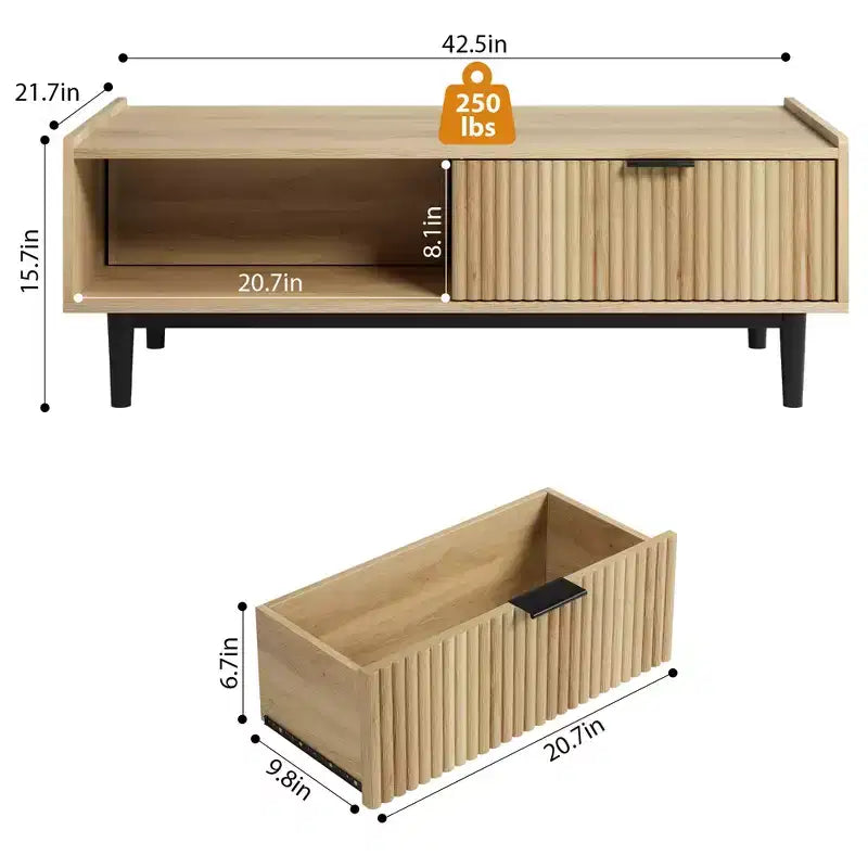 Table basse motif vague, table d'appoint pour salon avec finition grain de bois naturel et cadre robuste