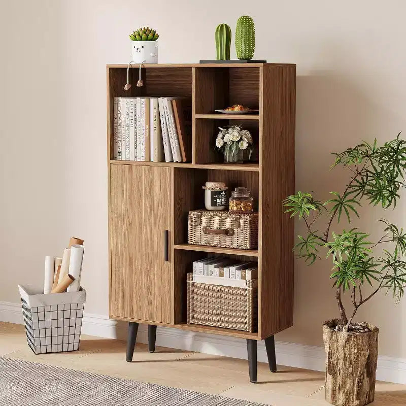 4 Tier Small Bookcase with Legs, Freestanding Wood Short Bookshelf with Door, Multi-Functional Walnut Cube Storage Organizer for Living Room,Office