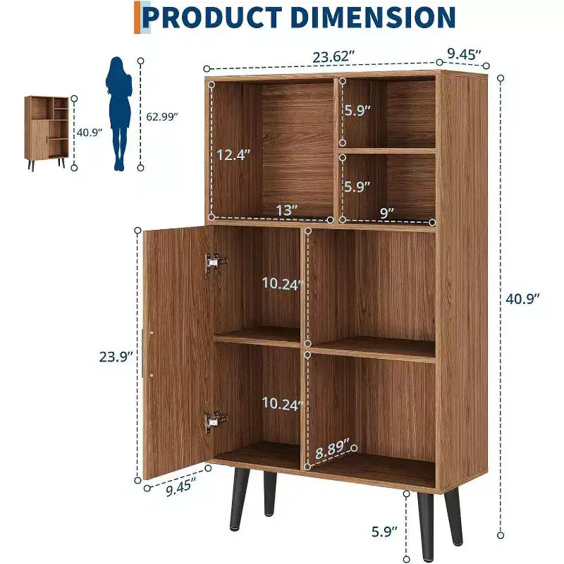 Petite bibliothèque à 4 niveaux avec pieds, étagère courte autoportante en bois avec porte, organiseur de rangement multifonctionnel en forme de cube, couleur noyer, pour salon, bureau