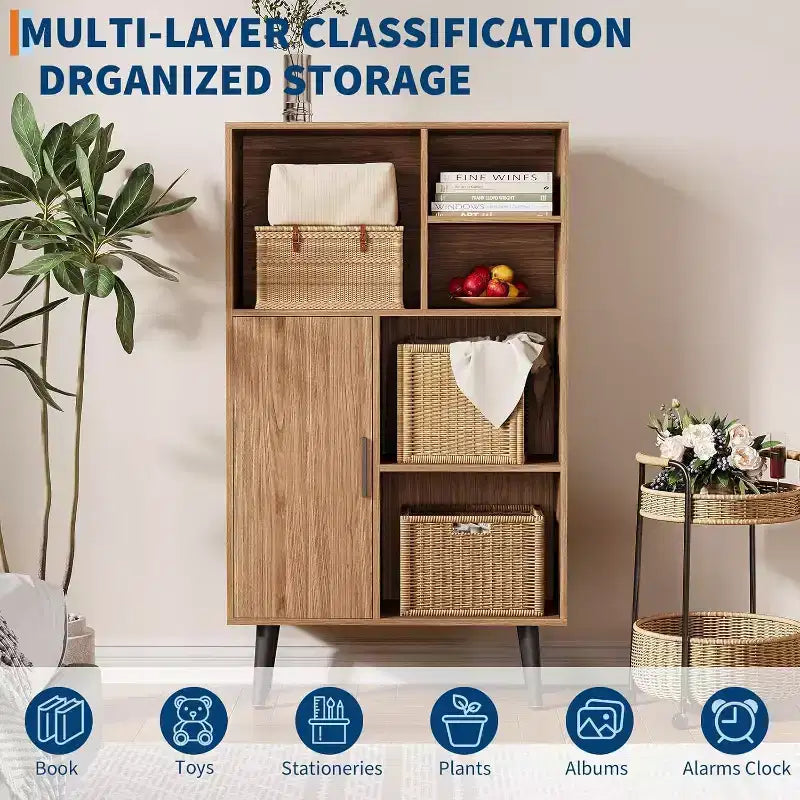 Petite bibliothèque à 4 niveaux avec pieds, étagère courte autoportante en bois avec porte, organiseur de rangement multifonctionnel en forme de cube, couleur noyer, pour salon, bureau