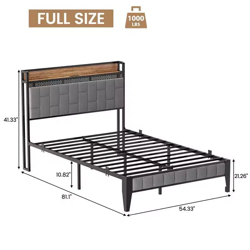 Cadre de lit double avec tête et pied de lit en bois, lumière LED réglable et station de charge, espace de rangement