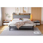 Cadre de lit double avec tête et pied de lit en bois, lumière LED réglable et station de charge, espace de rangement