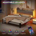 Cadre de lit double avec tête et pied de lit en bois, lumière LED réglable et station de charge, espace de rangement