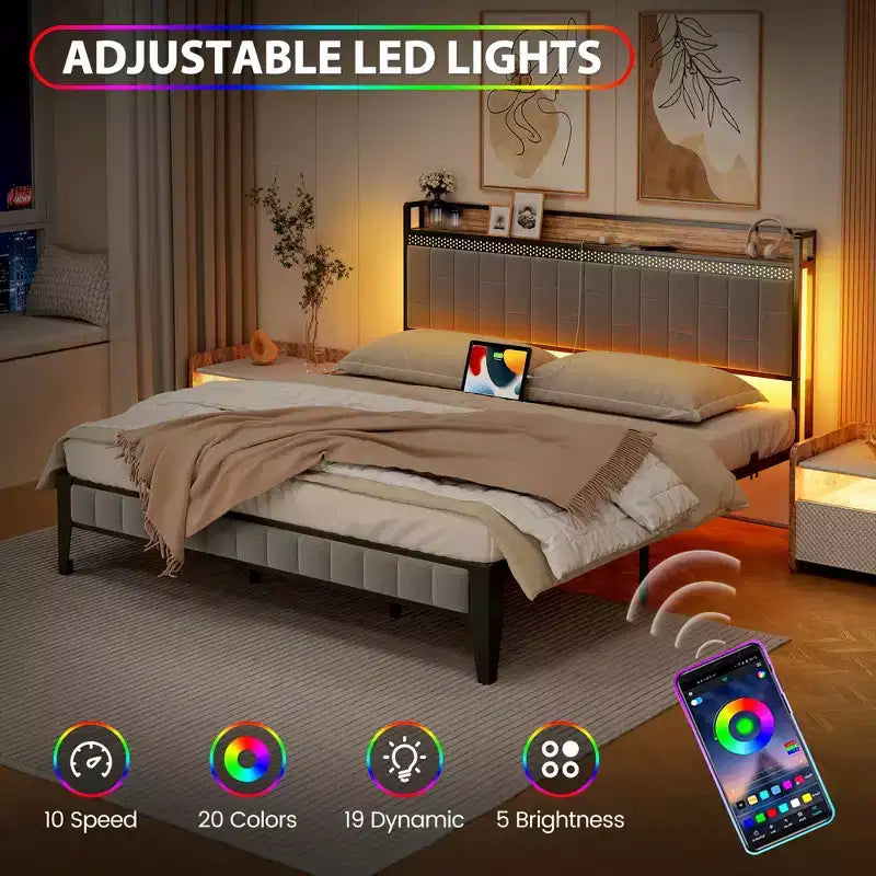 Cadre de lit double avec tête et pied de lit en bois, lumière LED réglable et station de charge, espace de rangement