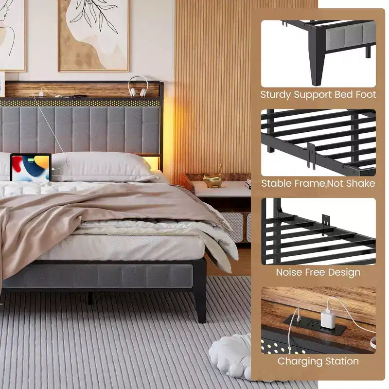 Cadre de lit double avec tête et pied de lit en bois, lumière LED réglable et station de charge, espace de rangement
