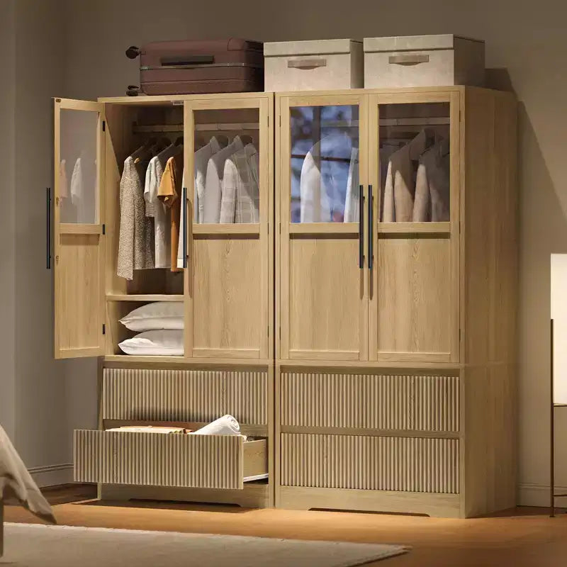 COZONY 66 Natural Wooden Bedroom Armoire Wardrobe Closet with Hanging Rod and Drawer Storage