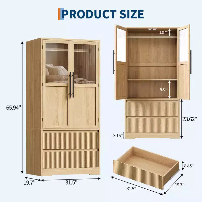 Armoire de chambre en bois naturel de 168 cm avec tringle de suspension et tiroirs de rangement