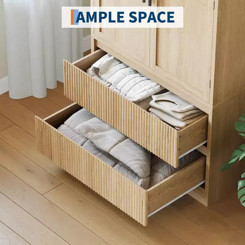 Armoire de chambre en bois naturel de 168 cm avec tringle de suspension et tiroirs de rangement