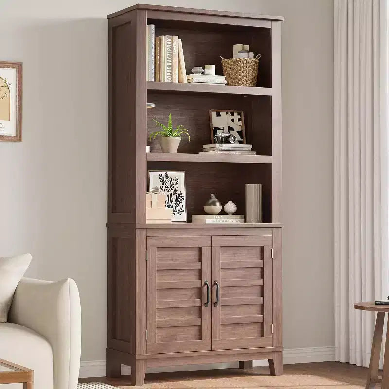 Acekool 71 Farmhouse Bookcase with Doors, 5-Tier Tall Bookshelf Storage Cabinet for Living Room or Office