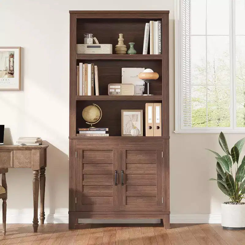 Bibliothèque de ferme de 180 cm avec portes, étagère haute à 5 niveaux avec armoire de rangement pour le salon ou le bureau