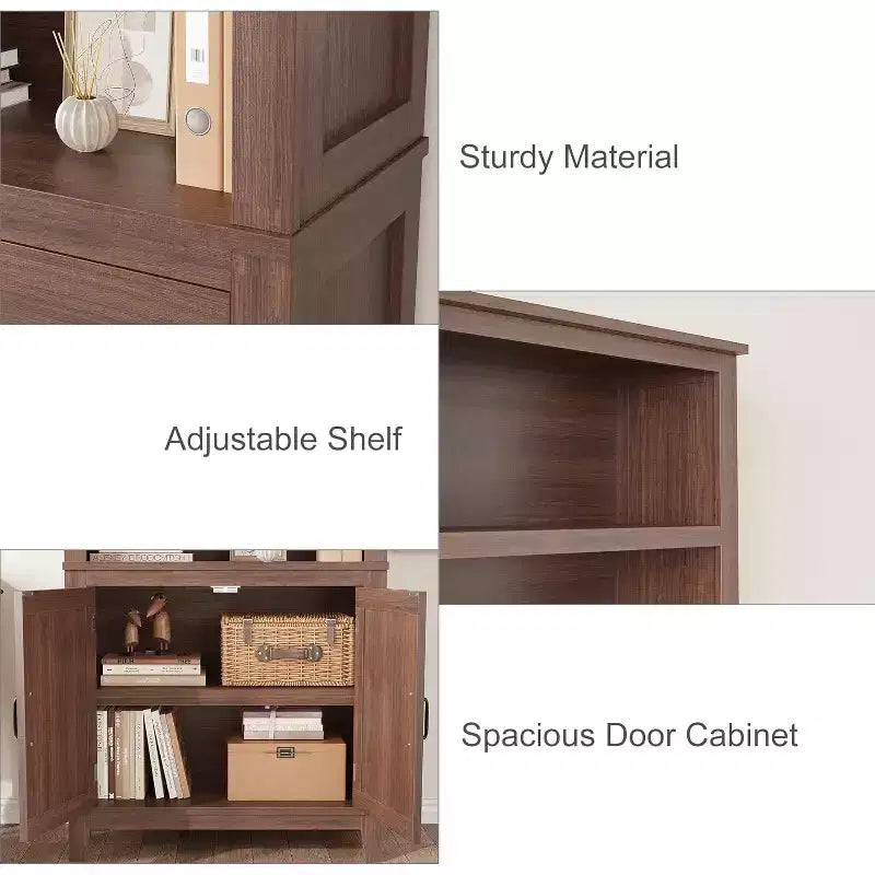 Bibliothèque de ferme de 180 cm avec portes, étagère haute à 5 niveaux avec armoire de rangement pour le salon ou le bureau