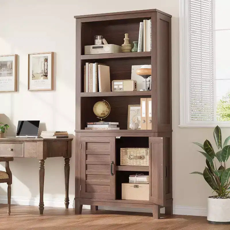 Bibliothèque de ferme de 180 cm avec portes, étagère haute à 5 niveaux avec armoire de rangement pour le salon ou le bureau