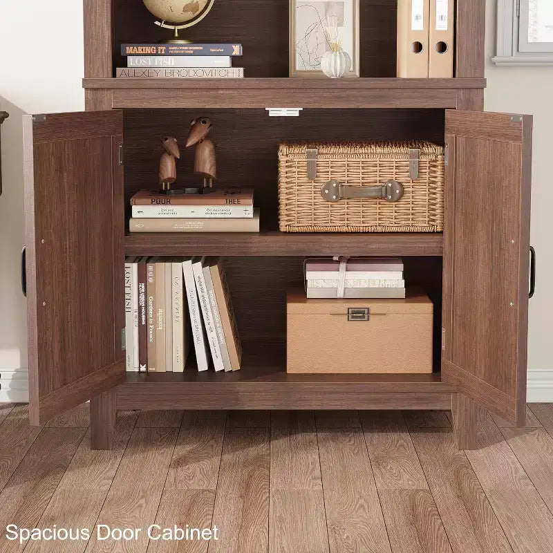 Bibliothèque de ferme de 180 cm avec portes, étagère haute à 5 niveaux avec armoire de rangement pour le salon ou le bureau