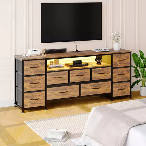 Commode 11 tiroirs avec prises électriques et lumières LED, meuble TV 160 cm pour TV 65, 70 pouces, meuble de rangement pour salon, commode large
