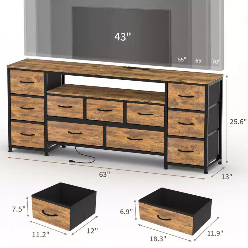 Commode 11 tiroirs avec prises électriques et lumières LED, meuble TV 160 cm pour TV 65, 70 pouces, meuble de rangement pour salon, commode large