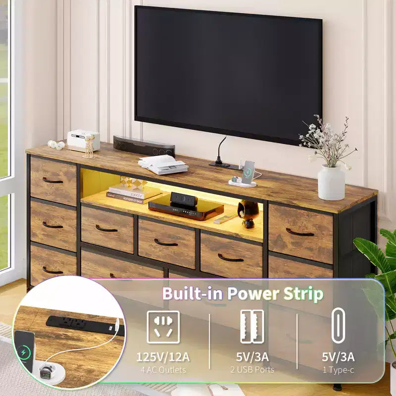 Commode 11 tiroirs avec prises électriques et lumières LED, meuble TV 160 cm pour TV 65, 70 pouces, meuble de rangement pour salon, commode large
