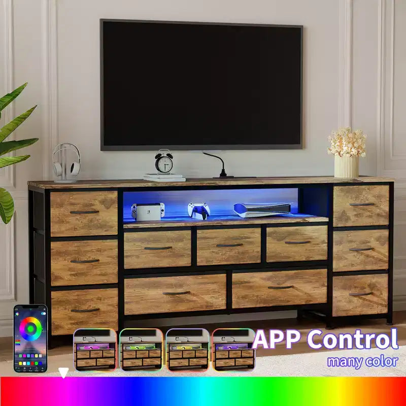 Commode 11 tiroirs avec prises électriques et lumières LED, meuble TV 160 cm pour TV 65, 70 pouces, meuble de rangement pour salon, commode large