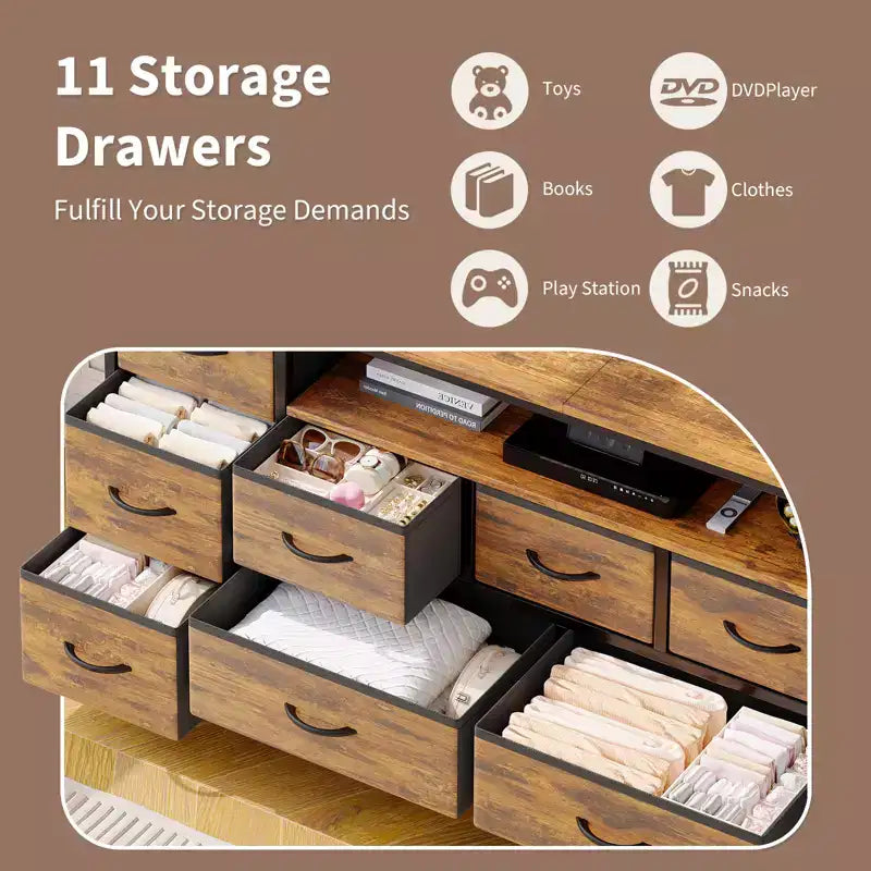 Commode 11 tiroirs avec prises électriques et lumières LED, meuble TV 160 cm pour TV 65, 70 pouces, meuble de rangement pour salon, commode large
