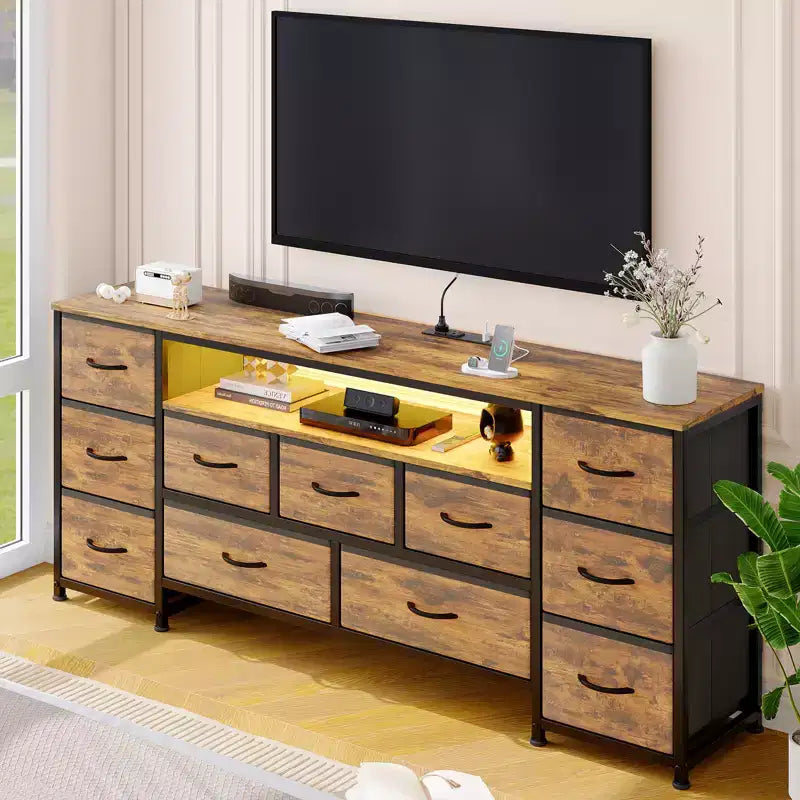 Commode 11 tiroirs avec prises électriques et lumières LED, meuble TV 160 cm pour TV 65, 70 pouces, meuble de rangement pour salon, commode large