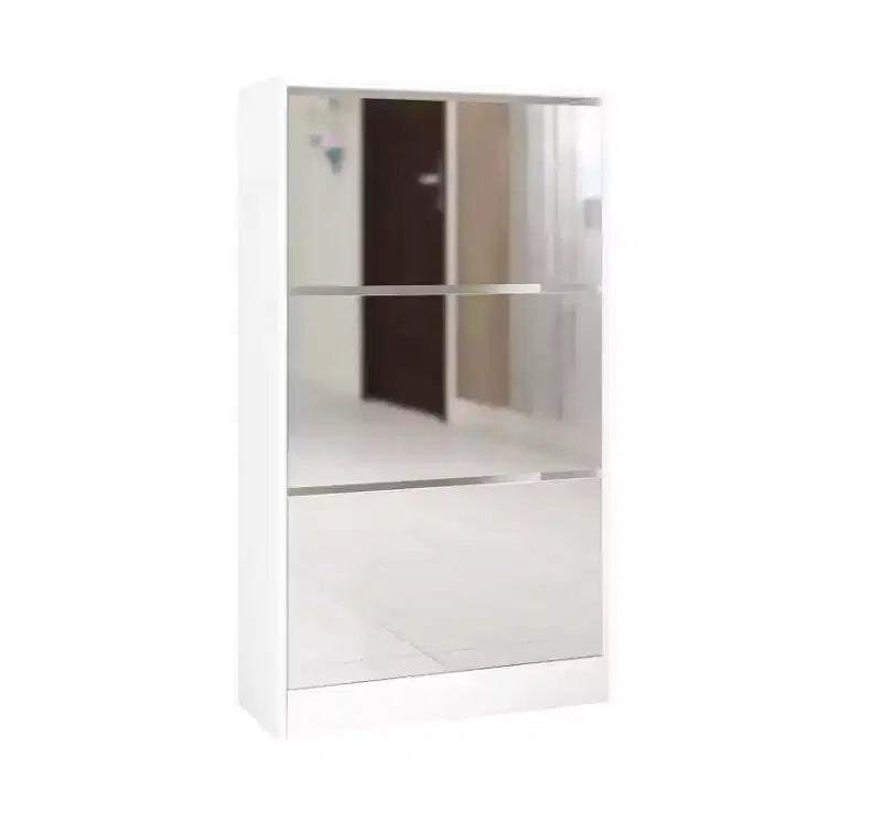 3-Tier Narrow Shoe Cabinet with Mirror, MDF & Glass,