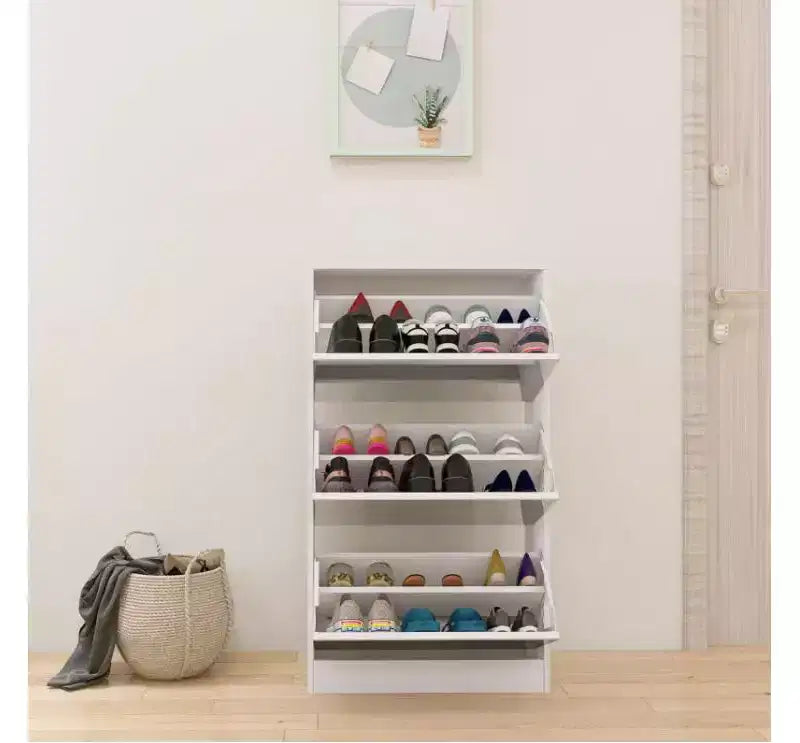 Meuble à chaussures étroit 3 niveaux avec miroir, MDF et verre