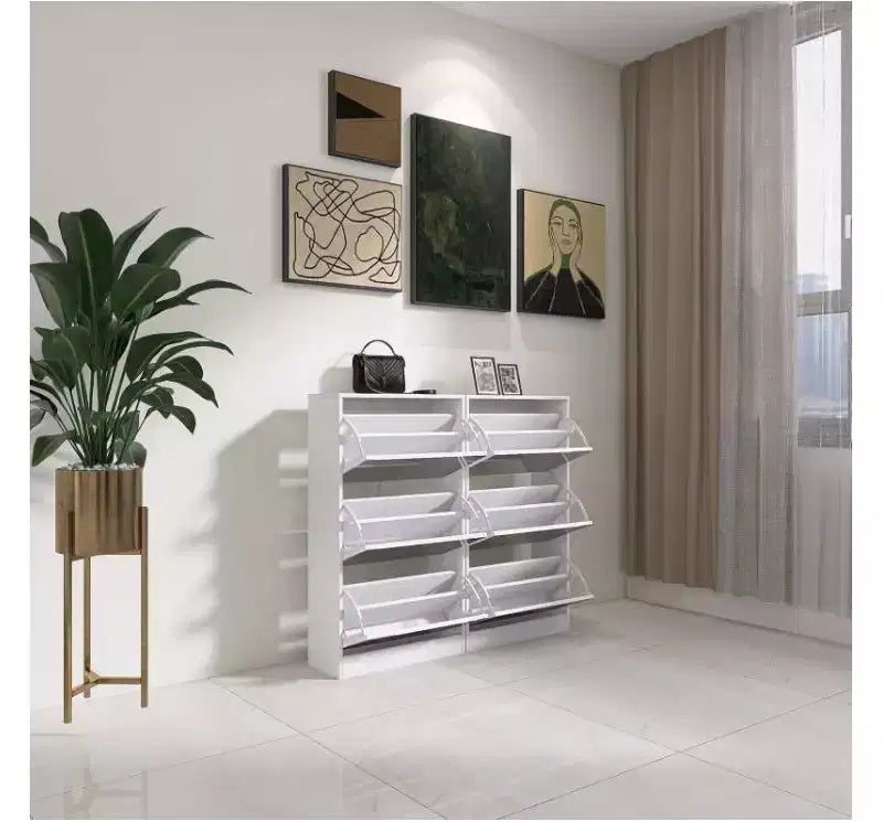 Meuble à chaussures étroit 3 niveaux avec miroir, MDF et verre