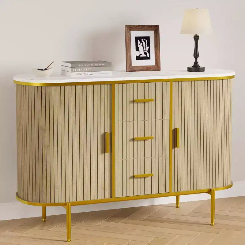 COZONY 47.3 Modern Buffet Cabinet, Mid Century Accent Console Table, Faux Marble Top, 2 Sliding Doors, 3 Drawers for Kitchen, Living Room, Entryway