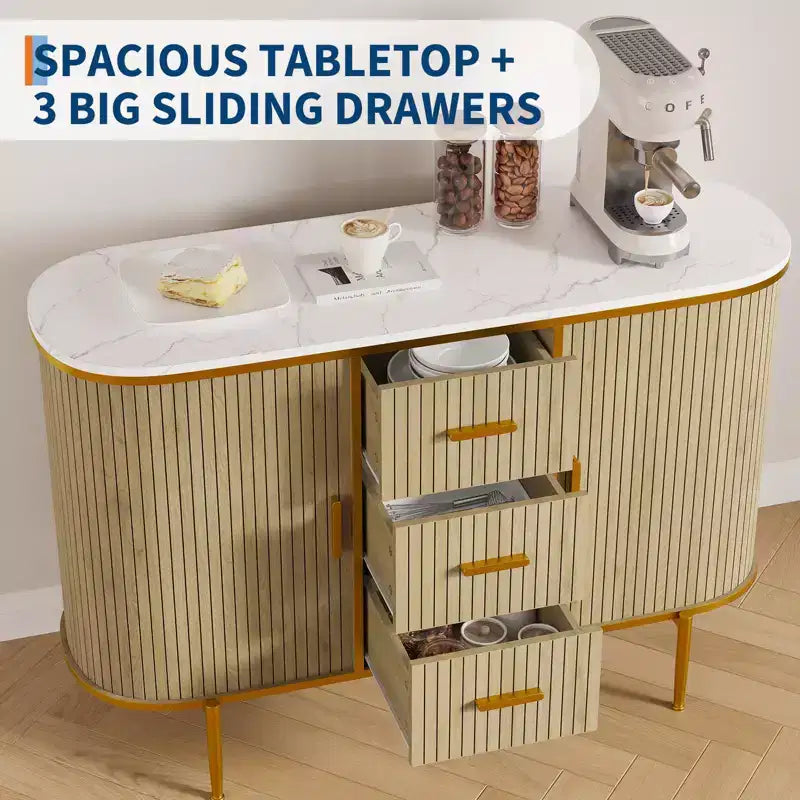 Buffet moderne de 120 cm, Table console d'appoint de style Mid-Century, Dessus en faux marbre, 2 portes coulissantes, 3 tiroirs pour la cuisine, le salon, l'entrée