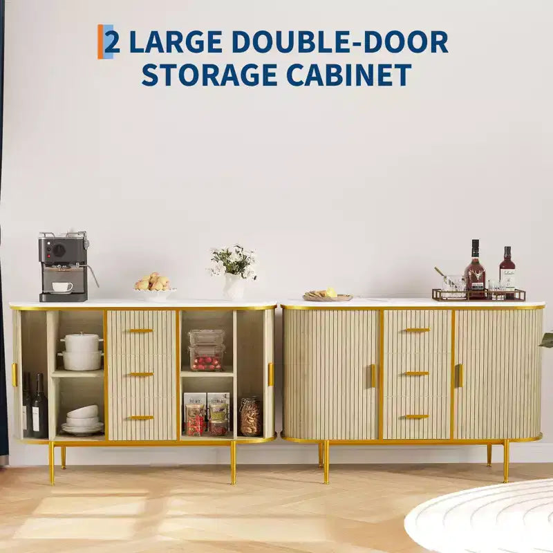 Buffet moderne de 120 cm, Table console d'appoint de style Mid-Century, Dessus en faux marbre, 2 portes coulissantes, 3 tiroirs pour la cuisine, le salon, l'entrée