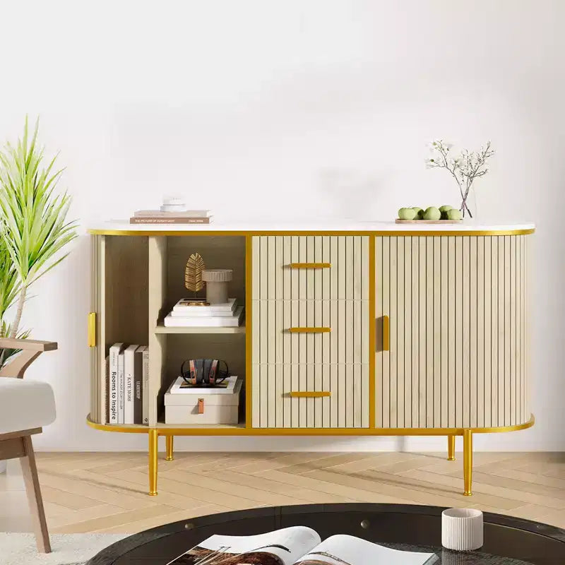 Buffet moderne de 120 cm, Table console d'appoint de style Mid-Century, Dessus en faux marbre, 2 portes coulissantes, 3 tiroirs pour la cuisine, le salon, l'entrée