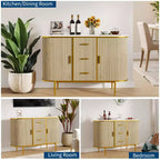 Buffet moderne de 120 cm, Table console d'appoint de style Mid-Century, Dessus en faux marbre, 2 portes coulissantes, 3 tiroirs pour la cuisine, le salon, l'entrée