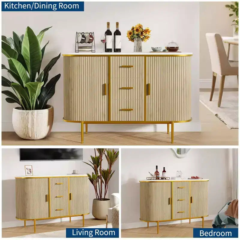 Buffet moderne de 120 cm, Table console d'appoint de style Mid-Century, Dessus en faux marbre, 2 portes coulissantes, 3 tiroirs pour la cuisine, le salon, l'entrée