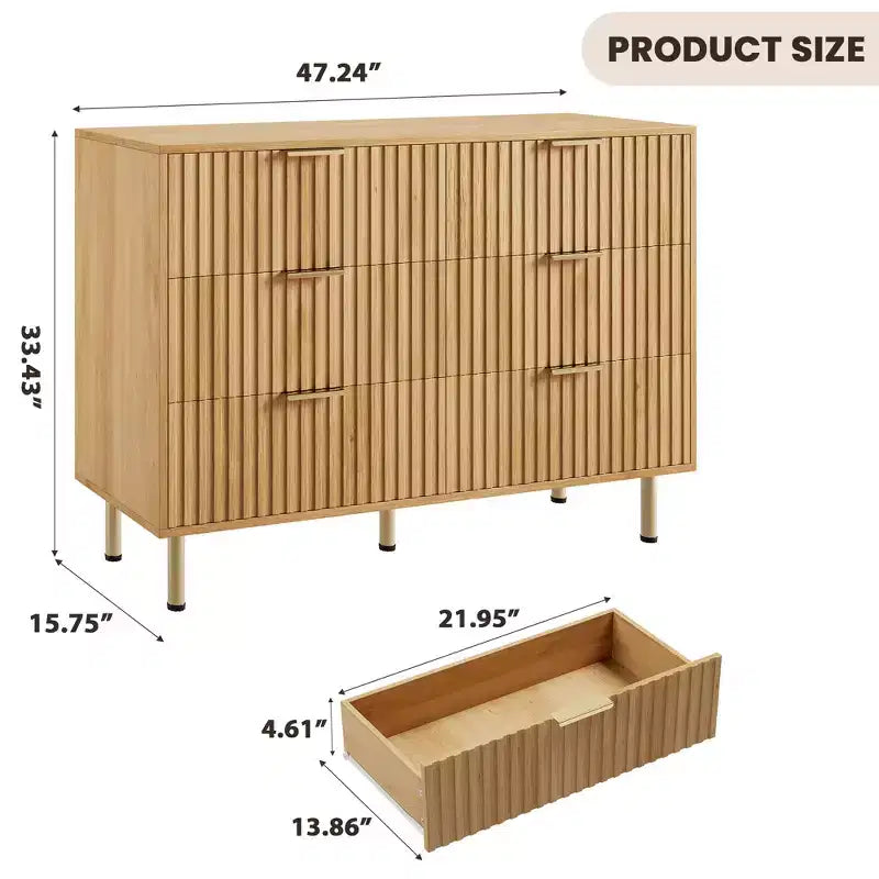 Commode cannelée moderne de 47 po, commode double de 6 tiroirs pour salon, chambre à coucher et couloir