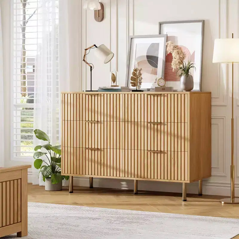 Commode cannelée moderne de 47 po, commode double de 6 tiroirs pour salon, chambre à coucher et couloir
