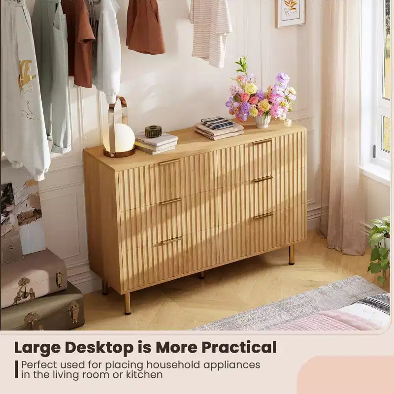 Commode cannelée moderne de 47 po, commode double de 6 tiroirs pour salon, chambre à coucher et couloir