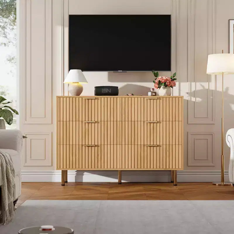 Commode cannelée moderne de 47 po, commode double de 6 tiroirs pour salon, chambre à coucher et couloir