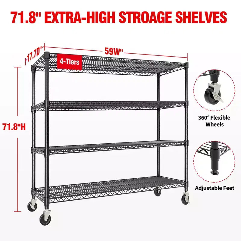 Étagère de rangement robuste de 185 cm, capacité de 1200 kg, étagères de rangement réglables à 4 niveaux avec roulettes et pieds, pour garage, garde-manger, cuisine