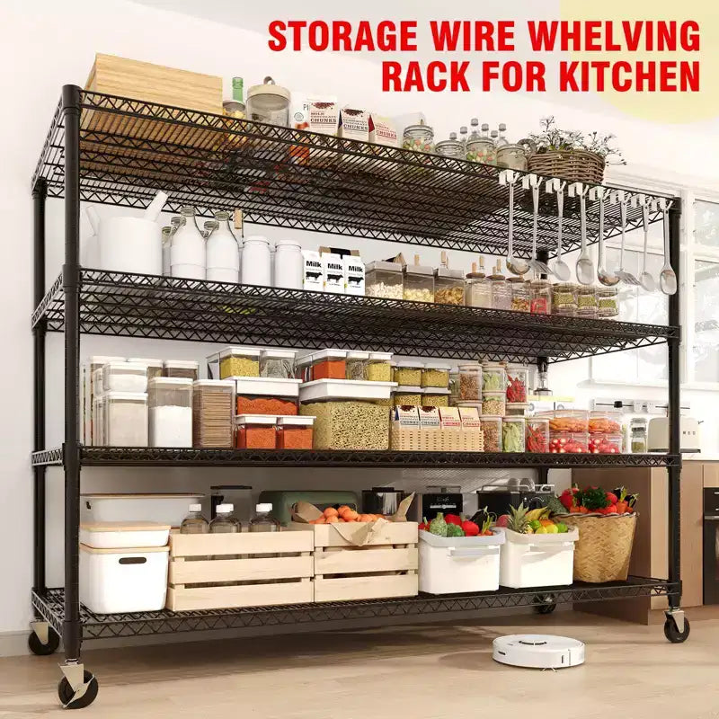 Étagère de rangement robuste de 185 cm, capacité de 1200 kg, étagères de rangement réglables à 4 niveaux avec roulettes et pieds, pour garage, garde-manger, cuisine