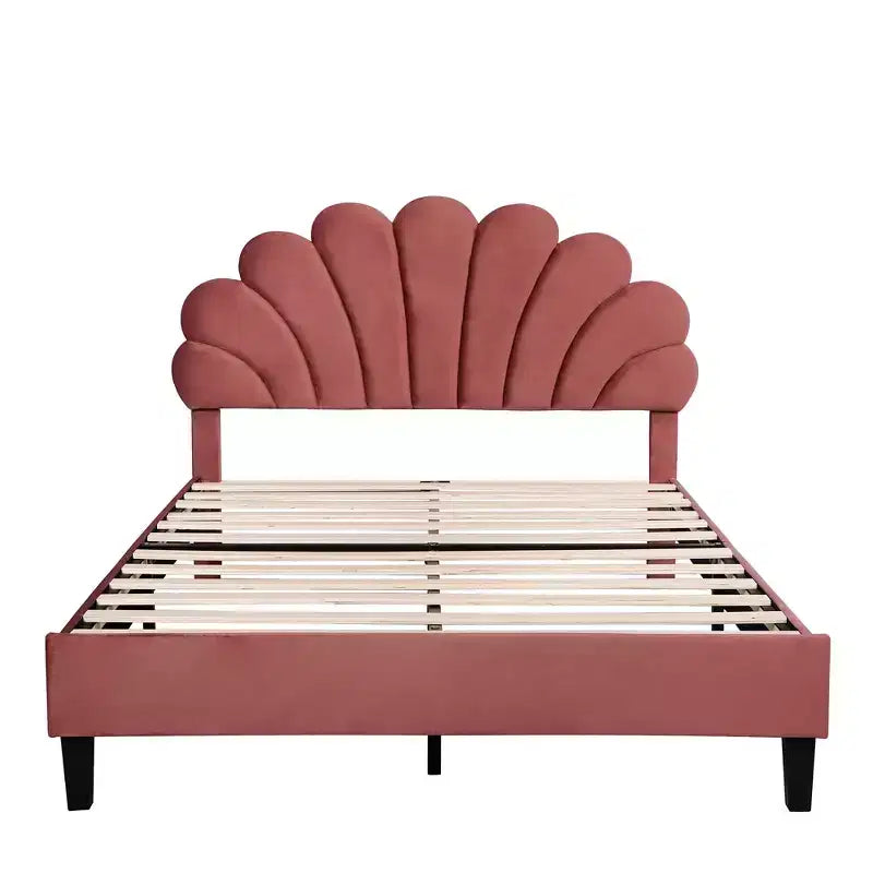 Lit plateforme moderne rembourré avec tête de lit en velours à motif floral