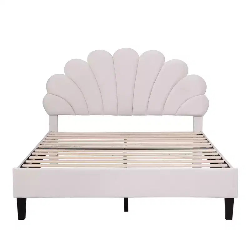 Lit plateforme moderne rembourré avec tête de lit en velours à motif floral