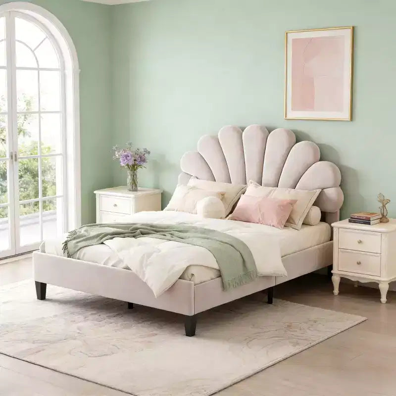 Luxystar Modern Upholstered Platform Bed with Flower Pattern Velvet Headboard